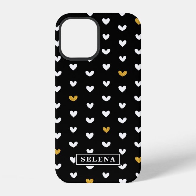 Black White Gold Heart Pattern with Custom Name iPhone Case (Back)