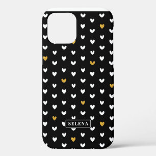 Black White Gold Heart Pattern with Custom Name iPhone 12 Case