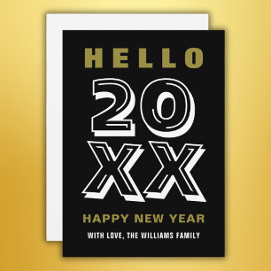 Black White Gold Hello Happy New Year Typography Holiday Card