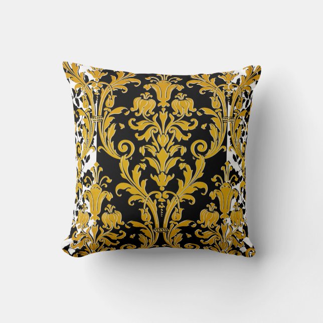 Black White Gold High Fashion Floral Damask Cushion (Front)