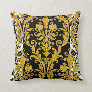 Black White Gold High Fashion Floral Damask Cushion