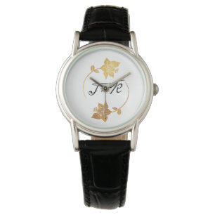 Black White Gold Initials Monogram Flowers Wreath Watch