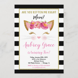 Black white gold kitten kitty cat birthday party invitation