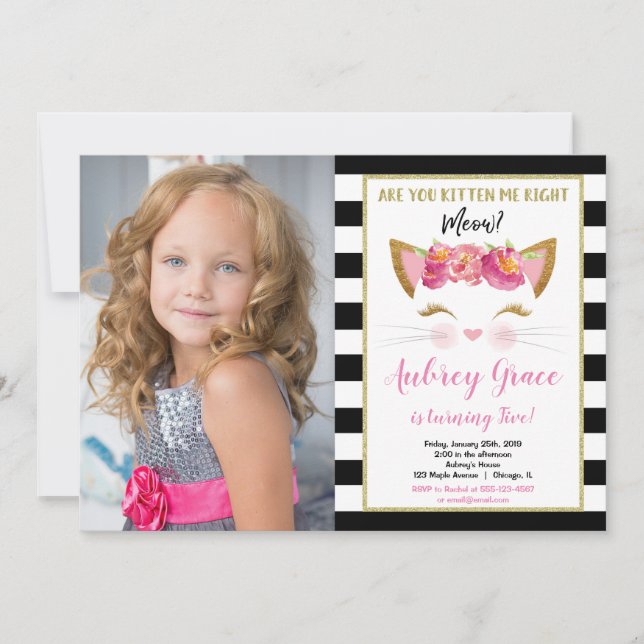 Black white gold kitten kitty cat birthday photo invitation (Front)