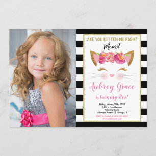 Black white gold kitten kitty cat birthday photo invitation