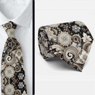 Black White Gold Lace Paisley Diamond Neck Tie