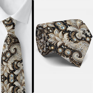 Black White Gold Lace Paisley Diamond Neck Tie