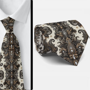 Black White Gold Lace Paisley Diamond Neck Tie