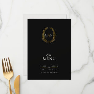 Black white gold leaf oval monogram wedding menu