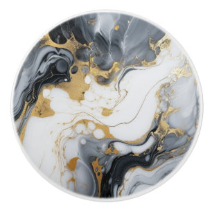Black White Gold Marble And Alcohol Ink Abstract Ceramic Knob