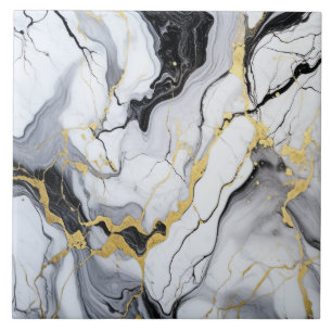 Black White Gold Marble And Alcohol Ink Abstract Ceramic Tile