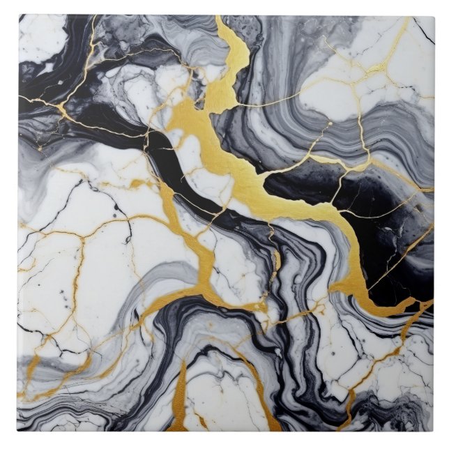 Black White Gold Marble And Alcohol Ink Abstract Ceramic Tile (Front)