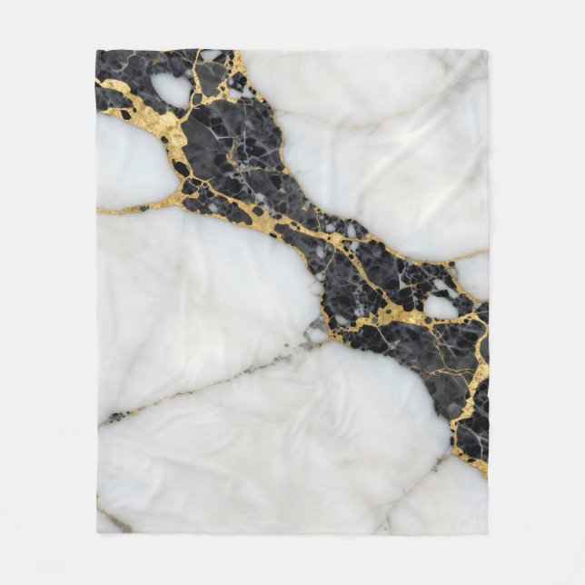 Black White Gold Marble Luxury Fleece Blanket (Front)