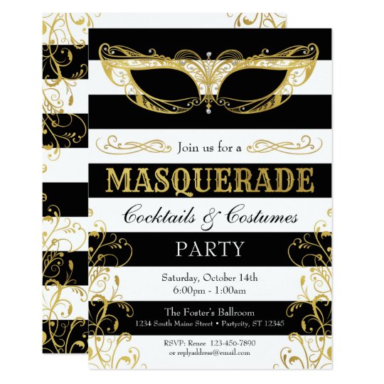 Black White & Gold Masquerade Mask Costume Party Card