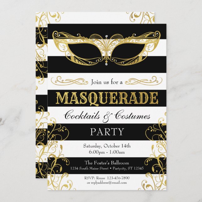 Black White & Gold Masquerade Mask Costume Party Invitation (Front/Back)