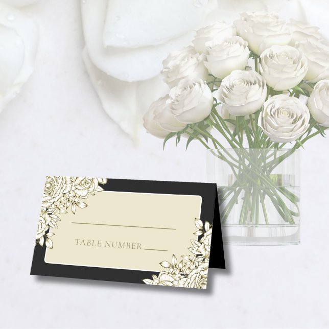 Black White Gold Minimal Modern Floral Wedding Place Card (Creator Uploaded)