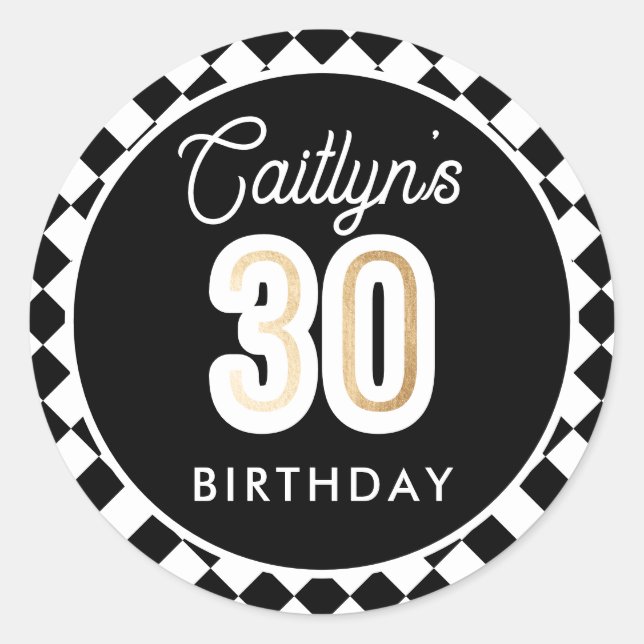 Black White & Gold Modern 30th Birthday Classic Round Sticker (Front)