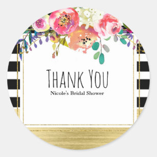Black White Gold Modern Floral Glam Bridal Shower Classic Round Sticker