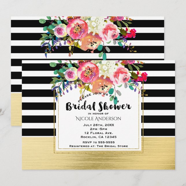 Black White Gold Modern Floral Glam Bridal Shower Invitation (Front/Back)