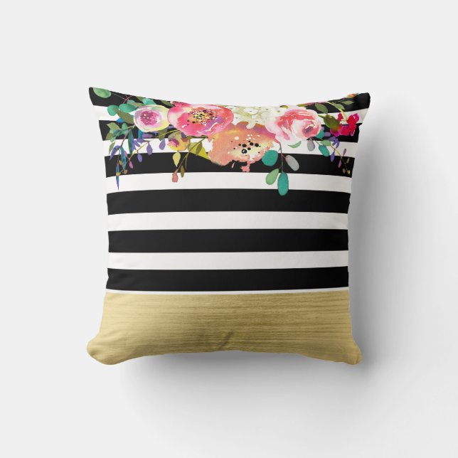 Black White Gold Modern Floral Glam Chic Glamour Cushion (Front)