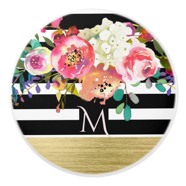 Black White Gold Modern Floral Glam Elegant Chic Ceramic Knob (Front)