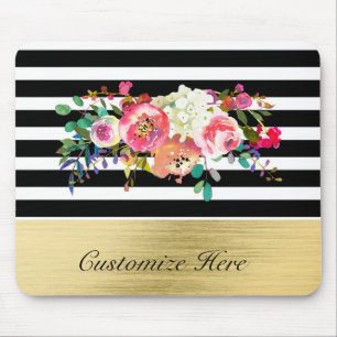 Black White Gold Modern Floral Glam Elegant Chic Mouse Pad