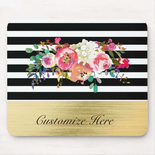 Black White Gold Modern Floral Glam Elegant Chic Mouse Pad (Front)