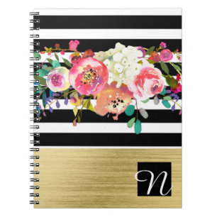 Black White Gold Modern Floral Glam Elegant Chic Notebook