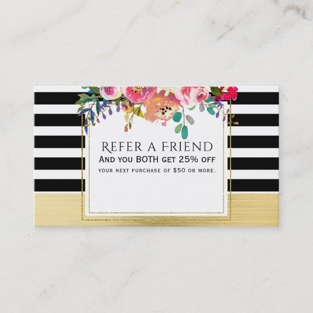 Black White Gold Modern Floral Glam Refer a Friend Referral Card (Front)