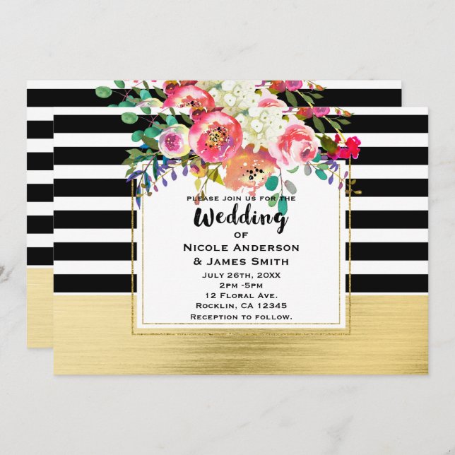 Black White Gold Modern Floral Glam Wedding Chic Invitation (Front/Back)