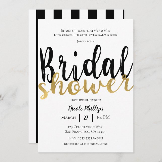 Black White Gold Modern Glam Bridal Shower Invitation (Front/Back)