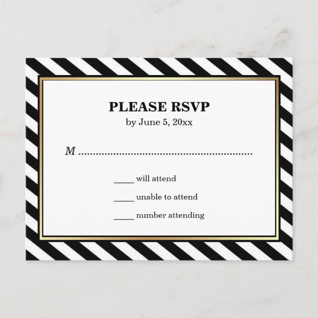 Black White Gold Modern Glam Stripes RSVP Invitation Postcard (Front)