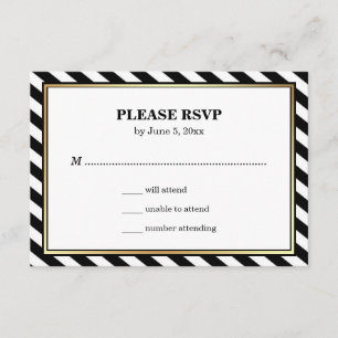 Black White Gold Modern Glam Stripes Wedding RSVP Card