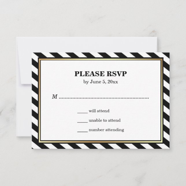 Black White Gold Modern Glam Stripes Wedding RSVP Card (Front)