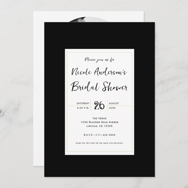 Black White Gold Modern Minimal Bridal Shower Invitation (Front/Back)