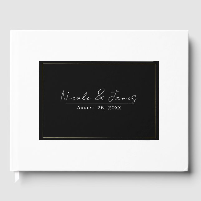 Black White Gold Modern Minimal Elegant Wedding Guest Book (Front)