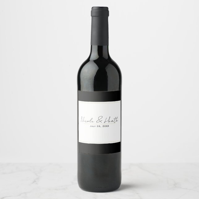 Black White Gold Modern Minimal Elegant Wedding Wine Label (Front)