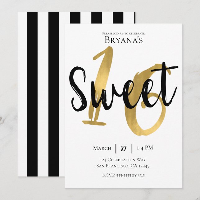 Black White Gold Modern Sweet 16 Birthday Party Invitation (Front/Back)