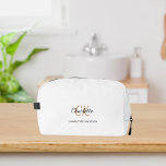 Black white gold monogram initials name dopp kit<br><div class="desc">White background,  Black and golden text. Personalise and add your first name,  monogram initials and full name.</div>