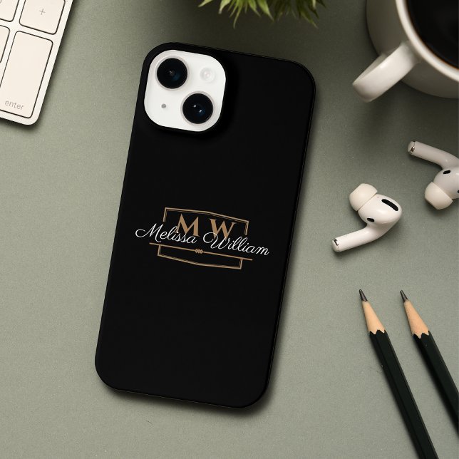 Black White Gold Monogram Name Script iPhone Case (Creator Uploaded)