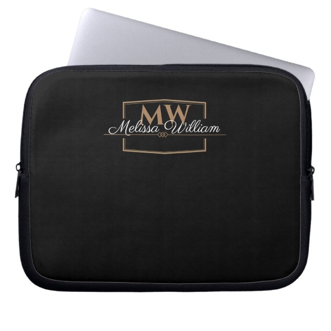 Black White Gold Monogram Name Script Laptop Sleeve (Front)