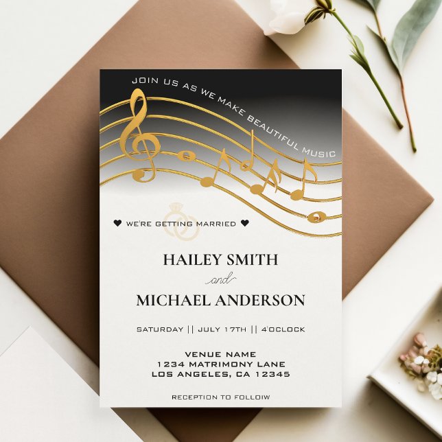 Black White & Gold Ombre Music Staff Wedding Invitation (Black White & Gold Ombre Music Staff Wedding Invitation)
