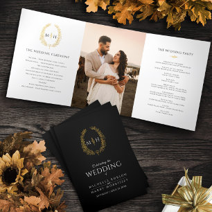 Black white gold oval leaf monogram wedding photo Tri-Fold programme