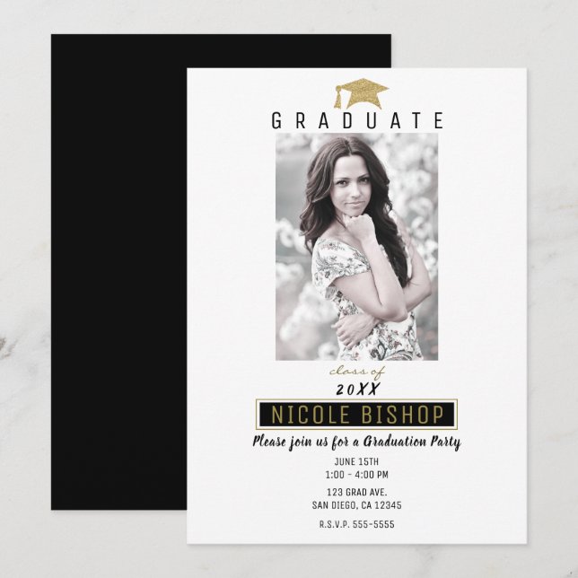 Black White Gold Photo Graduate Graduation Party  Invitation (Front/Back)