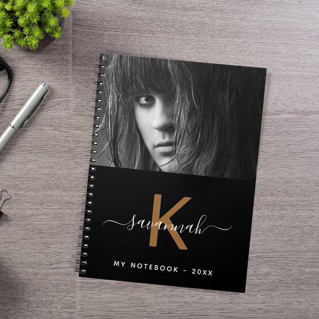 Black white gold photo monogram script notebook (Creator Uploaded)