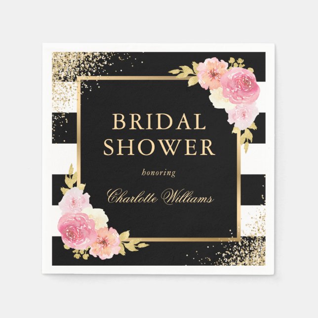 Black White Gold Pink Floral Bridal Shower Napkin (Front)
