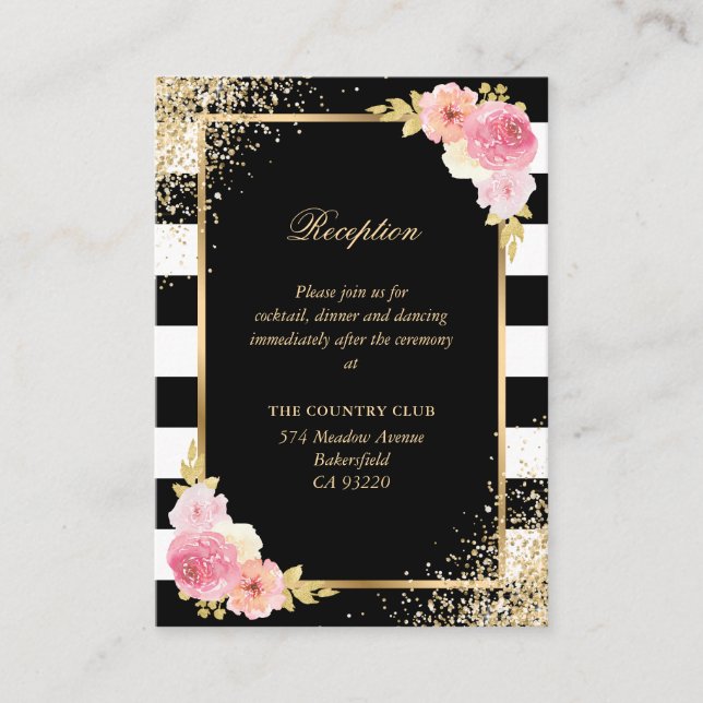Black White Gold Pink Floral Wedding Reception Enclosure Card (Front)