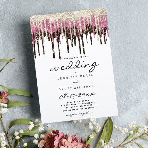 Black white gold pink glam glitter drips wedding invitation