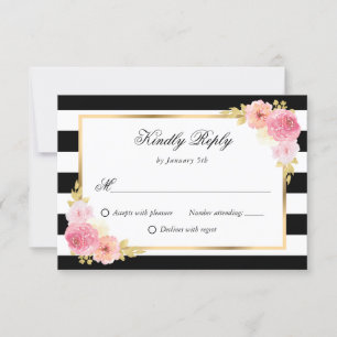 Black White Gold Pink Watercolor Floral Wedding RSVP Card
