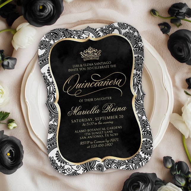 Black White Gold Quinceañera Invitation (Creator Uploaded)